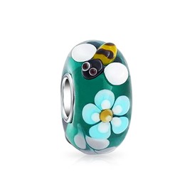 Teal Silver Bee Flower Lamp work Murano Glass .925 Sterling Silver Core Spacer Bead Fits European Charm Bracelet For Women