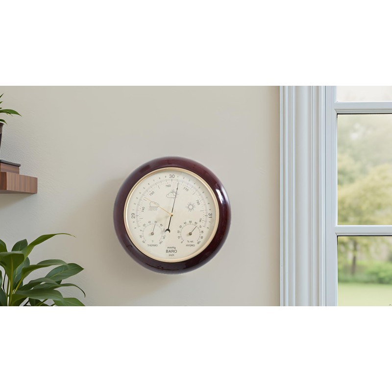 3 in 1 Cherry Round Wood Weather Station 9 Inch