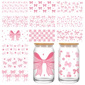 JarThenaAMCS 12 Sheets Pink Bow Cup Wrap Transfer Stickers Pink Bow Cherry Rub on Transfers Waterproof Decals for Valentine's Day 16 OZ Cup Party DIY Crafts Supplies