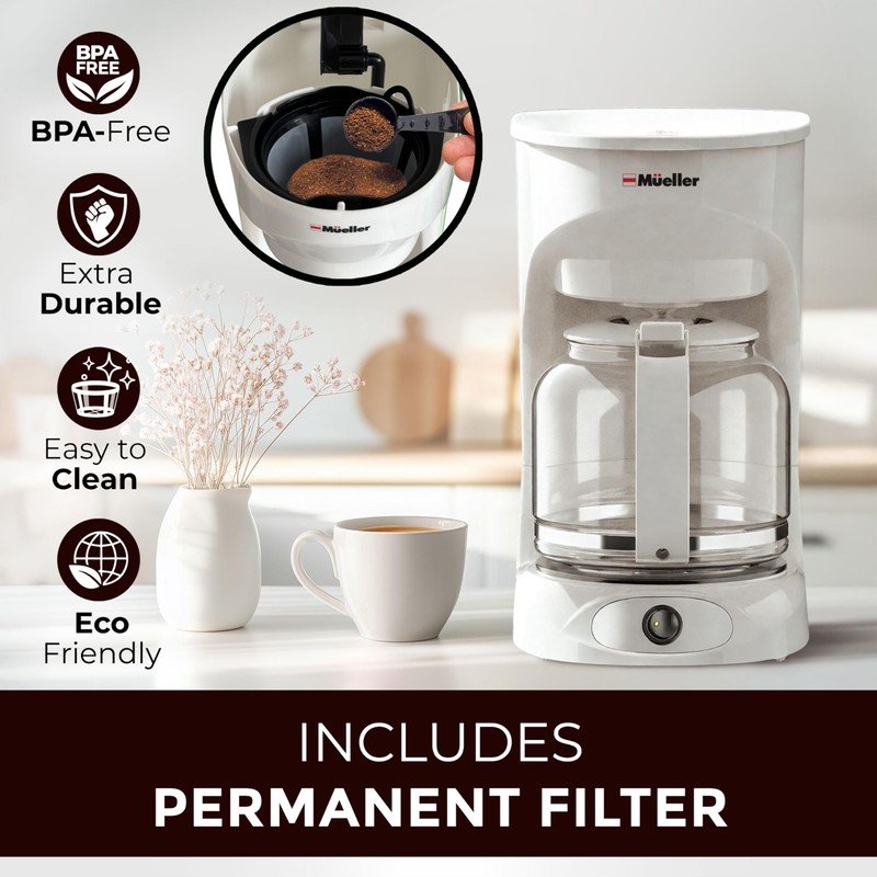 MÜELLERHOME 12-Cup White Coffee Maker - Borosilicate Carafe, Auto-Off, Reusable