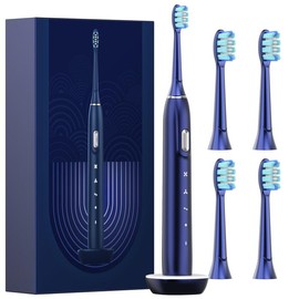 Joyye Electric Toothbrush with 4 Replacement Heads, 4 Cleaning Modes, IPX7 Waterproof, Low Noise - Available in Three Colors - Color: Darkblue