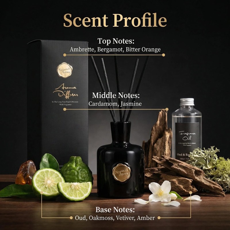 Oud & Bergamot Reed Diffuser, Long Lasting Essential Oil Fragrance