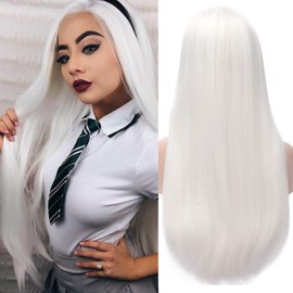 PORSMEER Women's White Long Straight Wigs for Women Girls Straight Middle Parting Wig Heat Resistant Synthetic Hair Wig for Daily Party Costume 24 Inches