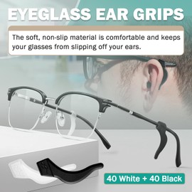 40 Pairs Eyeglass Ear Grips - Glasses Anti-slip Silicone Eyeglass Ear Hooks - Soft and Comfortable - Suitable for Sunglasses, Reading Glasses, Sports Glasses (40 Black + 40 White)