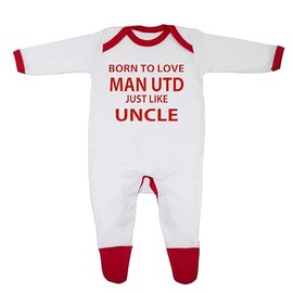 "Man Utd Baby Sleepsuit - 'Born To Love Man Utd Just Like Uncle- Soft 100% Combed Cotton Football-Themed Baby Sleepsuit for Football Fans" (6-9 Months, White/Red Trim)