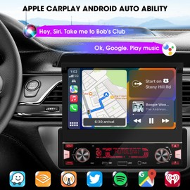 Single Din Wireless CarPlay Stereo: 7 Inch Motorized Flip Out Touchscreen Car Radio with Android Auto HD Backup Camera Bluetooth MirrorLink AM FM Type-C Charge USB AUX 2 Subwoofer Outputs
