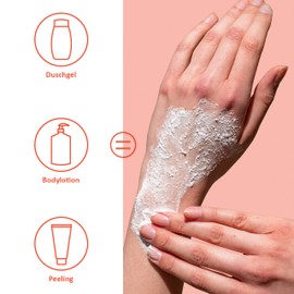 Puremetics 3-in-1 Shower Fluff (250 g), Shower Gel, Peeling and Lotion in One, Vegan & Plastic Free, Nourishing, Skin-Refining & Smoothing, without Microplastic, Sugar Sea Salt Peeling, Zero Waste