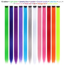 12 Pack Colored Hair Extensions Rainbow Hairpieces Party Highlights 22 Inches Colorful Clip in Hair Extensions Straight Synthetic Hairpieces for Women Kids Girls, (12 Colored)