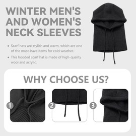 JZS Hooded Scarf Hat, Knit Balaclava with Drawstring, Winter Beanie & Neck Warmer for Men & Women, Black