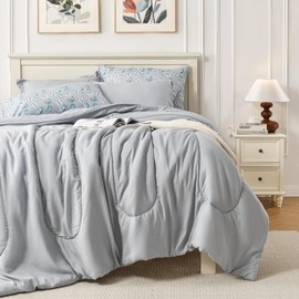 HollyHOME King Comforter Set, 7 Pieces Bedding Set, Grey Comforter Set with Colorful Butterfly Sheet Set, King Size Bed in a Bag for All Season, Light Grey