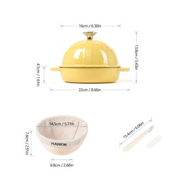 HAWOK Cast Iron Bread Cloche, Dia. 6.3inch/16cm, with Proofing Basket and Dough Scoring Knife, Sourdough Baking Pan Enameled Yellow