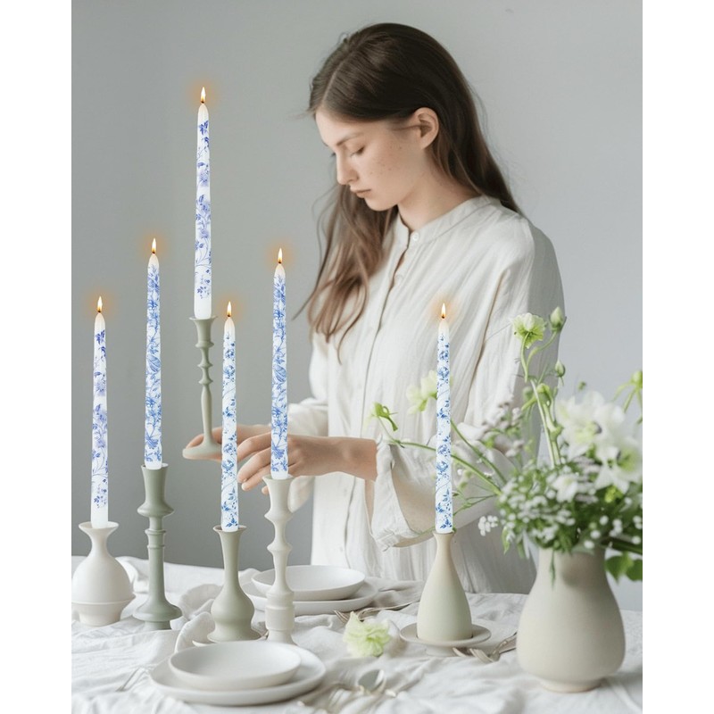 10inch Chinoiserie Taper Candles Blue and White Willow Decorative Unscented