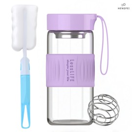 HENGFEI Glass Shaker Bottle for Protein Mixes,16oz Glass Shaker with Silicone Carry Handle, Strainer and Shaker Ball (Lilac)