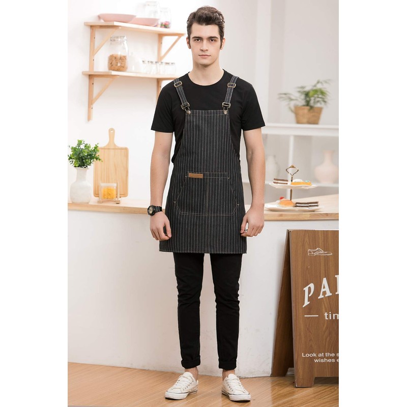Denim Cross-Back Chef Bib Apron with Pockets for Men and