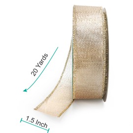 CT CRAFT LLC Champagne Gold Metallic Wired Ribbon 1.5 inch x 20 Yards for Christmas Home Decor Tree Topper Bow Gift Wrapping DIY Crafts Wreath Garland Wedding