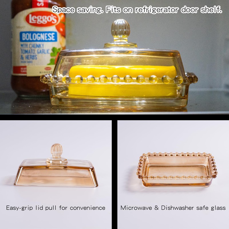 Glass Butter Dish with Lid for Countertop, Champagne Color Crystal