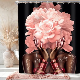 SVBright African American Pink Shower Curtain 60Wx72L Inch Black Woman Girl Flower Peony Floral Modern Gold Quotes Girly Words 12 Pack Hooks Polyester Waterproof Fabric Bathroom Bathtub Panels