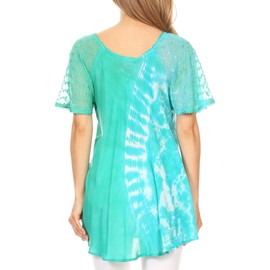 Sakkas 18718 - Iris Womens Tie-dye Short Sleeve Blouse Top with Corset and Embroidery - Seagreen - OSP