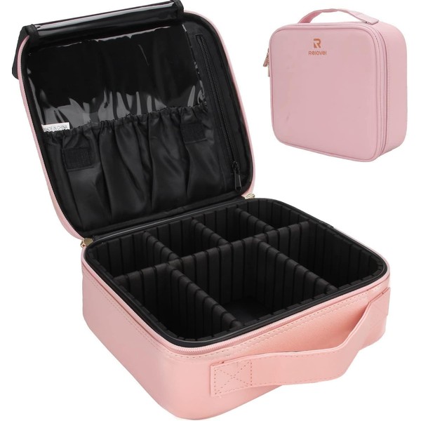 Relavel Travel Makeup Train Case Makeup Cosmetic Case Organizer Portable Artist Storage Bag with Adjustable Dividers for Cosmetics Makeup Brushes Toiletry Jewelry Digital Accessories (Pink)