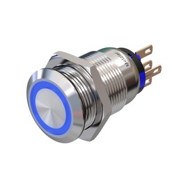 Metzler - Push Button 19mm - LED Ring Lighting Blue - IP67 IK10 - Stainless Steel - Flat - Solder Contacts