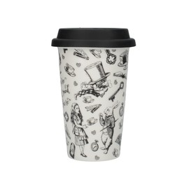 Victoria & Albert Ceramic Travel Mug, Alice in Wonderland' Design, Fine Bone China, 19.5 x 15.5cm, Black & White