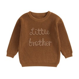 Toddler Baby Girl Boy Long Sleeve Knit Sweater Brothers Sisters Letter Embroidery Round Neck Pullover Fall Winter Tops (Little Brother Chestnut, 6-9 Months)