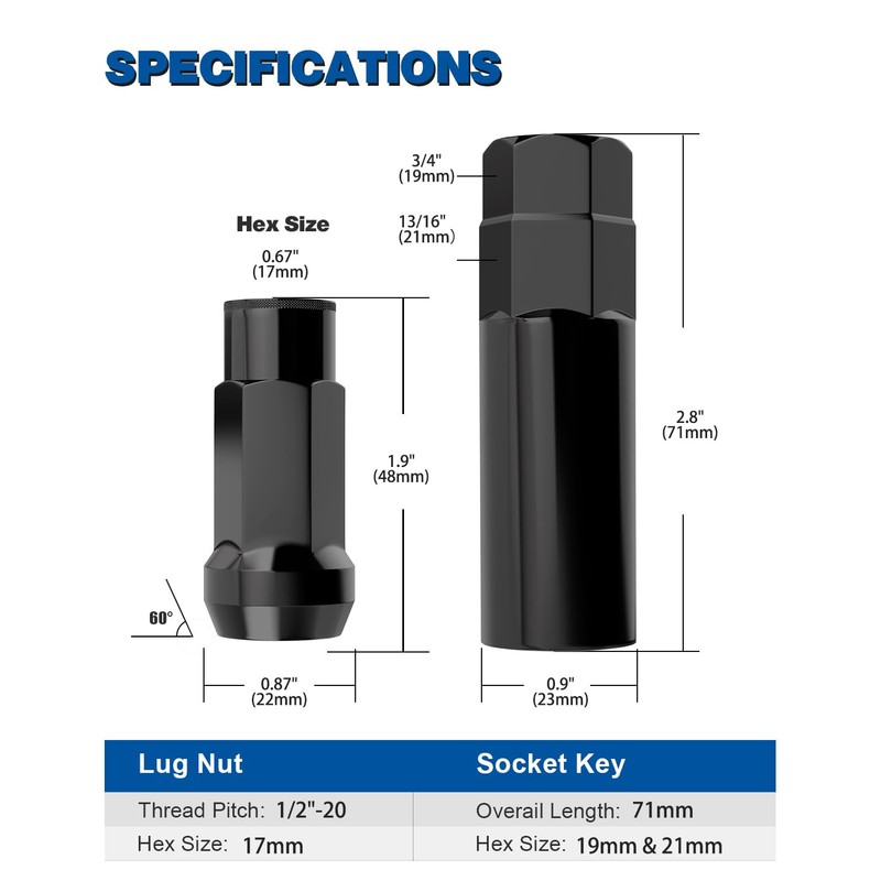 GAsupply 1/2-20 Extended Open End Acorn Lug Nuts Black, 1.9"