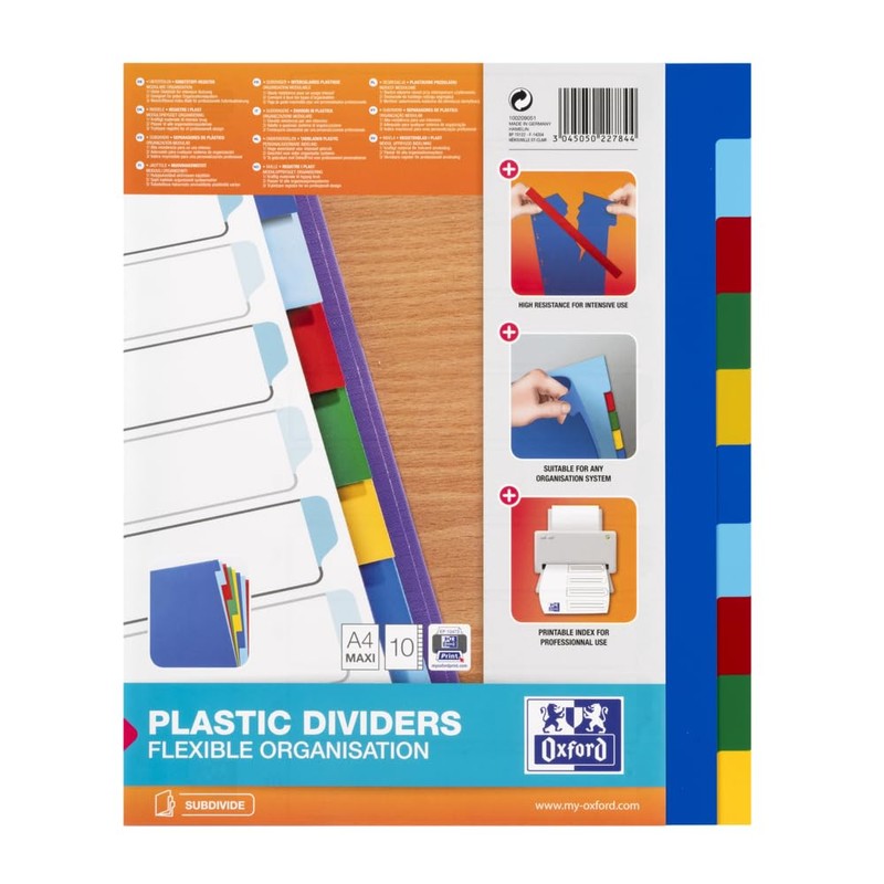 Oxford A4 Plastic 10 Part Dividers, Assorted, 1 Set
