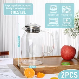 Dandat 2 Pcs Glass Pitcher with Lid and Spout Glass Water Pitcher with Handle for Hot Cold Water Iced Tea Juice Coffee Juice, Long Handle Cleaning Brush and Mixing Spoon (61 oz)