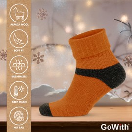 GoWith 2 Pairs Alpaca Wool Socks for Men and Women, Thermal Warm Crew Merino Socks, Unisex Heated Winter Boot Socks, Small Orange Brown M: 2056