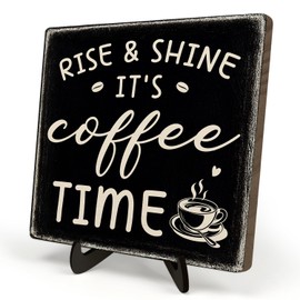 Farmhouse Coffee Bar Sign, Rise & Shine It's Coffee Time Desk Wooden Sign, 5.9"x5.9" Wood Plaque with Stand Gift for Home Kitchen Tabletop Decor,Cafe Bar Decor(Black)