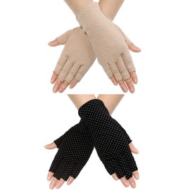 Maxdot Fingerless Gloves Non Slip UV Protection Driving Gloves Summer Outdoor Gloves for Women(2 Pairs,Black and Khaki)