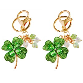 Axmerdal 2Pcs Green Irish Four Leaf Clover Charm Fashionable Keychain Sparkling Key Ring Crystal Unique Gift Souvenir Car Bag Pendant, Green, One Size