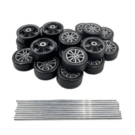 20PCS Small Toy Car Wheel 18mm Model Car Mini Rubber Tire Wheels with 10PCS Shaft Round Rod Axles for DIY Model Toy RC Car Truck Robot Building Accessories (Silver 2x18mm)