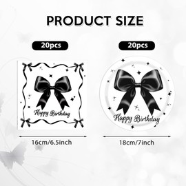 40 Pcs Black and White Bow Birthday Decorations - 7” Black Coquette Birthday Decorations Include Bow Napkins Plates Bow Themed Party Tableware for Women Girls Bday Wedding Anniversary Party
