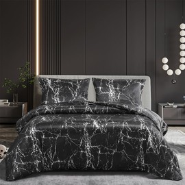 Gezu Satin Bed Linen Shiny Bed Linen Marble 135 x 200 cm Silk Smooth Luxury Gloss Satin Black White Grey Bed Linen Set Marble Look Reversible Duvet Cover 135 x 200 cm + Pillowcase 80 x 80 cm with Zip