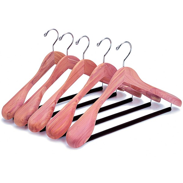 Amber Home 5 Pack American Red Cedar Wood Coat, Suit Hangers with Extra Wide Shoulder, Wooden Jacket Clothes Hanger Smooth Deluxe Aromatic Natural Cedar with Non Slip Velvet Pant Bar