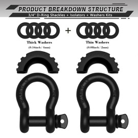 AUTMATCH D Ring Shackle 3/4" Shackles (2 Pack) 41,887Ibs Break Strength - Clevis Shackle with 7/8" Screw Pin and Shackle Isolator Washers Kit for Tow Strap Winch Off Road Vehicle Recovery, Matte Black