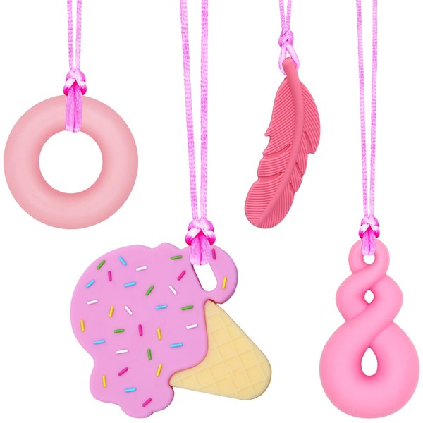 Chew Necklaces for Sensory Girls, 4 Pack Chewy Necklace Sensory Kids, Silicone Oral Chew Toys for Adults with ADHD, Autism, SPD, Special Needs, Reduce Chewing Fidgeting