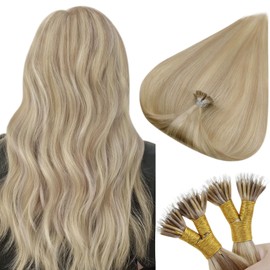 Hetto Blonde Nano Beads Hair Extensions Real Human Hair Nano Ring Hair Extensions Real Hair Nano Extensions Human Hair #17/23 Golden Blonde Mix Caramel Blonde Straight 18Inch 50g