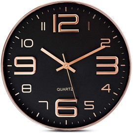 STAR WORK - Black Wall Clock, Silent Room Clocks, 12 Inch Rose Gold Non Ticking Quality Quartz Battery Operated Easy to Read Decorative Modern Design for Home/Office/Kitchen/Bedroom/Living Room