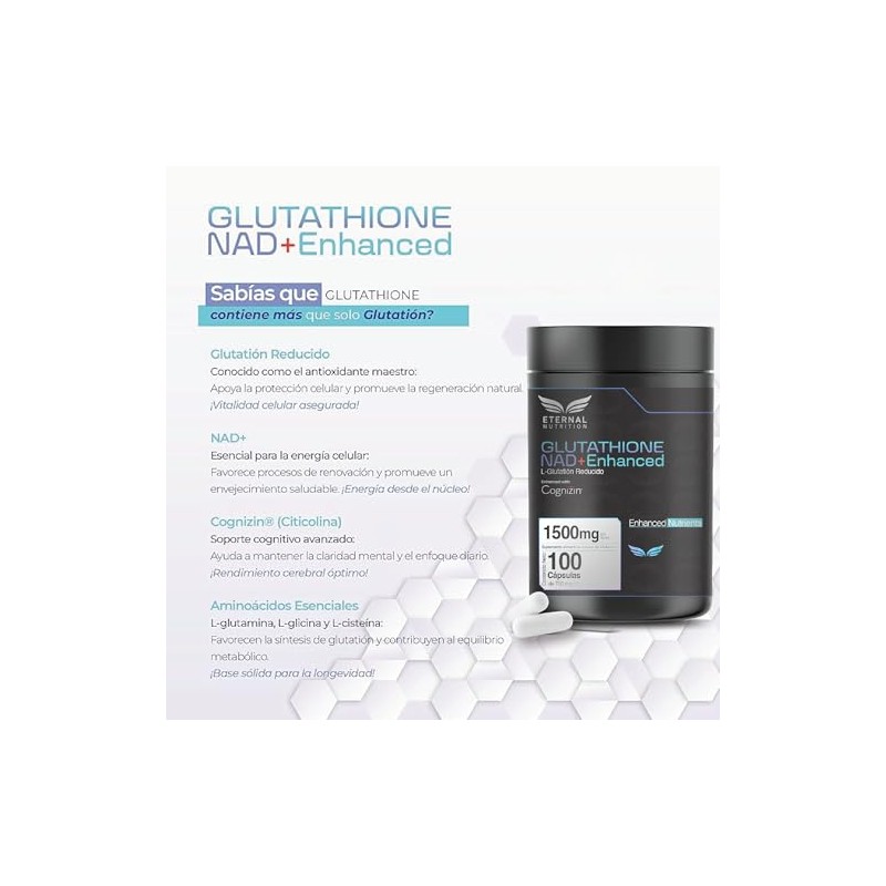 ETERNAL NUTRITION Essentials: L-Glutatión Reducido, con NAD+ (100 Cápsulas)