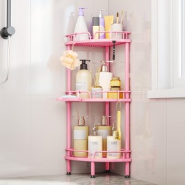 Consumest Corner Shower Caddy Stand - 3 Tier Shower Organizer with Soap Holder, Tall Floor Corner Shelf Standing with Adjustable Feet & 4 Hooks, Storage Rack for Bathroom Pink