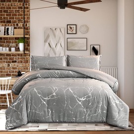 Holawakaka Silver Metallic Marble Comforter Set King Size Foil Print Glitter Bedding Sets, Grey/Silver