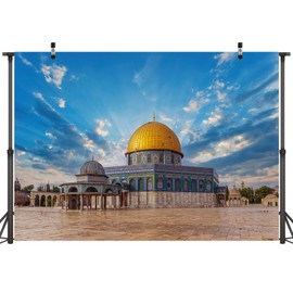 CORFOTO 9x6ft Fabric Jerusalem Mosque Backdrop Dome of The Rock on The Temple Mount Israel Background for Photography Islamic Muslim Pray Decorations Photoshoot Booth Studio Props
