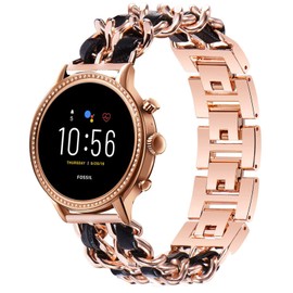 Compatible for Fossil Gen 5 Julianna Band, YOUkei Jewelry Chain Metal Wristband with Leather Compatible for Fossil Gen 5 Julianna Smartwatch (Rose Gold-Black)