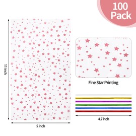 COQOFA Star Gift Wrap Cellophane Bags Cello Bags Cookie Bags Treat Bags with Twist Ties Poly Bag (5x11inch, Rose Gold)…