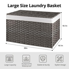 OIAHOMY Large Storage Basket with Lid, 42.3 Gallon (160L) Blanket Basket with Removable Liner Bag, Wicker Hamper with Handle, Foldable, Hamper for Bedroom, Grey
