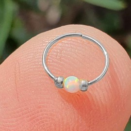 2 mm White Opal piercing Nose Hoop - Opal nose ring - Thin Sterling Silver White Opal Nose Ring Hoop - 24 gauge very Thin Nose Hoop Tiny Piercings Nose Rings hoop