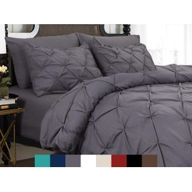 Elegant Comfort 3 Piece Pinch-Pleated Button Closure, Wrinkle-Resistant Ultra-Soft Microfiber Duvet Cover Set, Luxurious Pintuck Décor, Full/Queen, Kitty Gray
